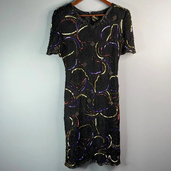 VINTAGE Glamour Silk Sequinned Beaded Dress Black Cocktail Shoulder Pads Size S - Picture 12 of 12